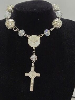 Vintage Rosary Bracelet AB And Silver Tone Filagree Beads St Benedict Cross